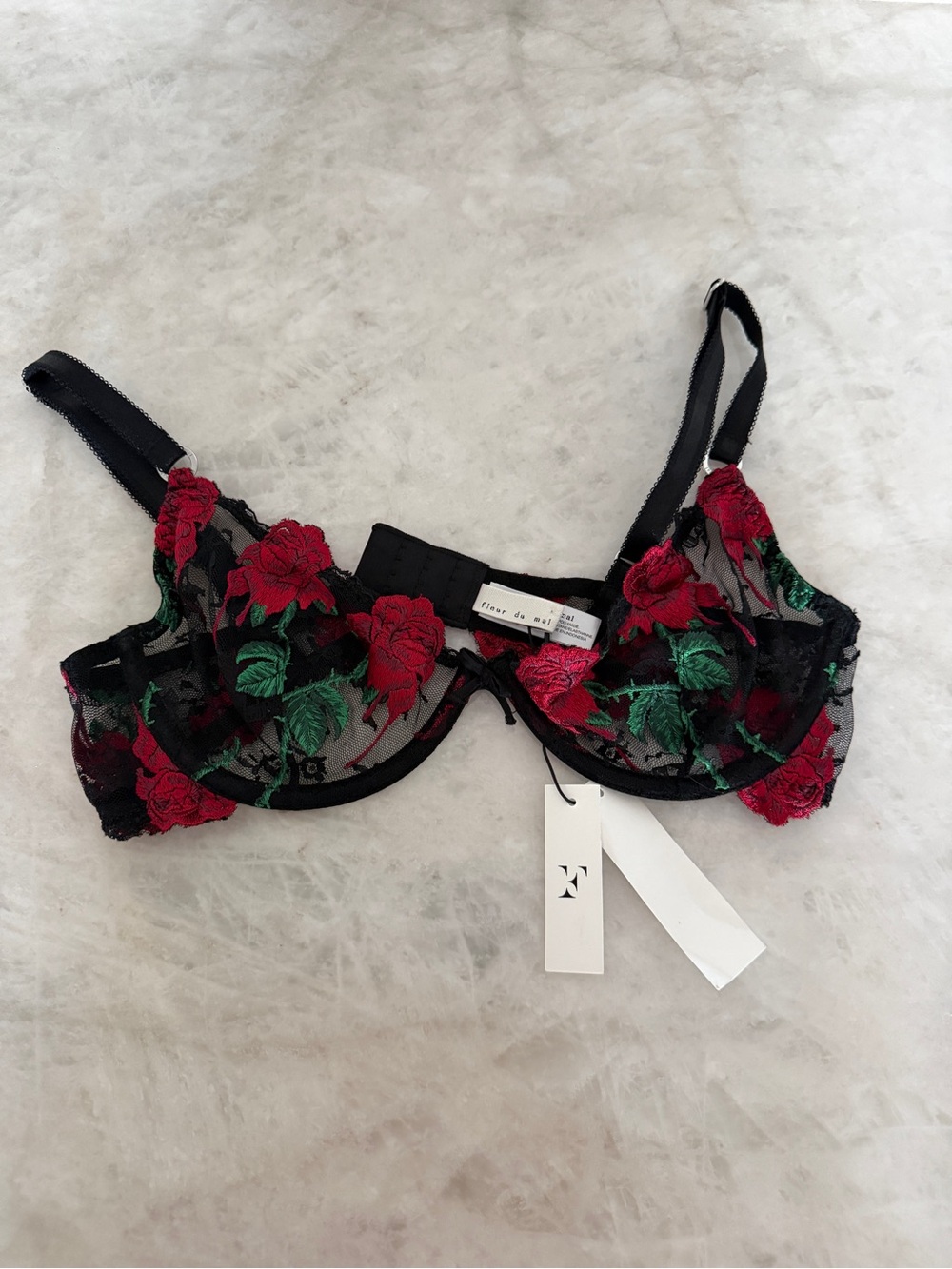 Fleur du Mal Black Sheer Underwire Bra with Red & Green Floral Embroidery